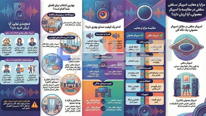 مزایا و معایب اسپیکر سقفی در مقایسه با اسپیکر معمولی، آیا ارزش دارد؟