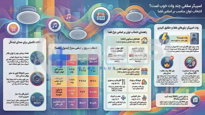 اسپیکر سقفی چند وات خوب است؟ انتخاب توان مناسب بر اساس فضا